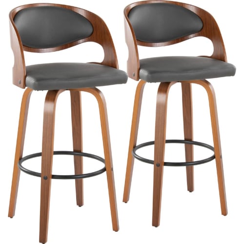 Pino 30" Swivel Bar Stool in Walnut Wood & Grey Leatherette w/ Black Footrest (Set of 2)